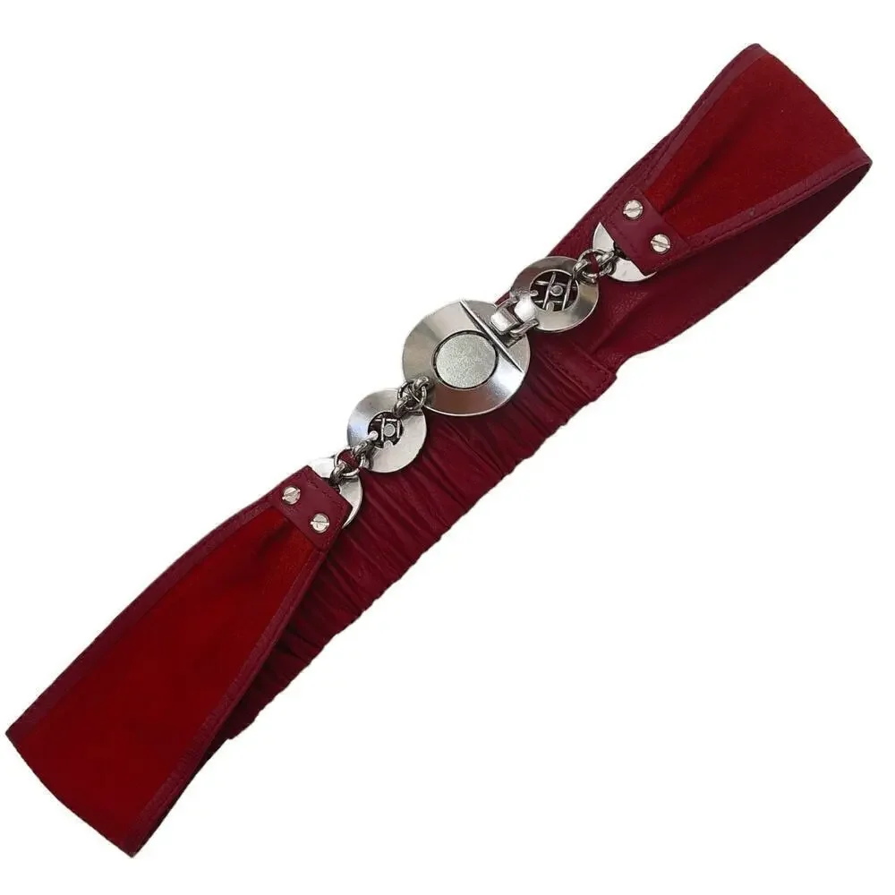 Vintage Mixed Metals Mondrian 90s Red Leather Belt Silver Gold Elastic 27-29”